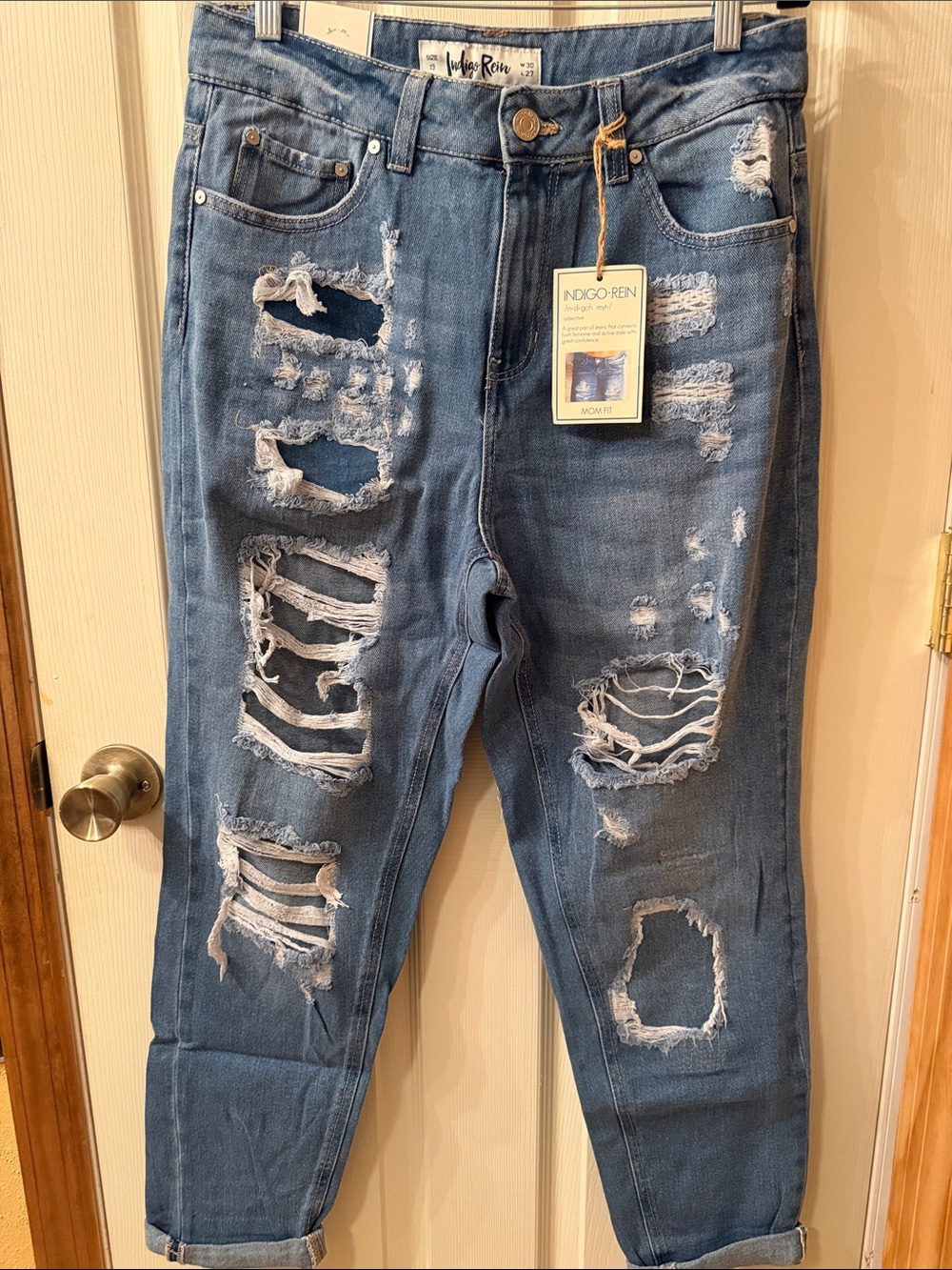 Indigo Rein Women’s Distressed Light Blue Relaxed Jeans